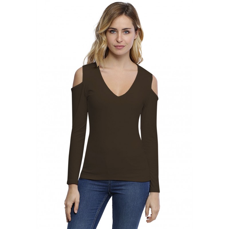 T-shirt col V épaules nues manches longues en modal ALBA05 T-shirt col V épaules nues manches longues en modal ALBA05