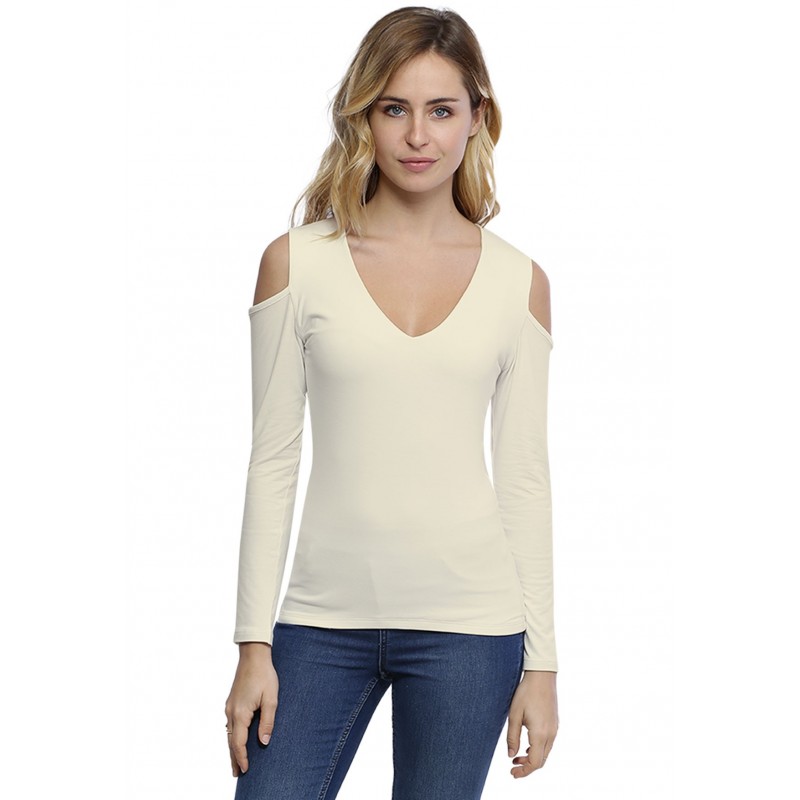 T-shirt col V épaules nues manches longues en modal ALBA05 T-shirt col V épaules nues manches longues en modal ALBA05