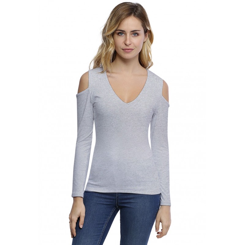T-shirt col V épaules nues manches longues en modal ALBA05 T-shirt col V épaules nues manches longues en modal ALBA05