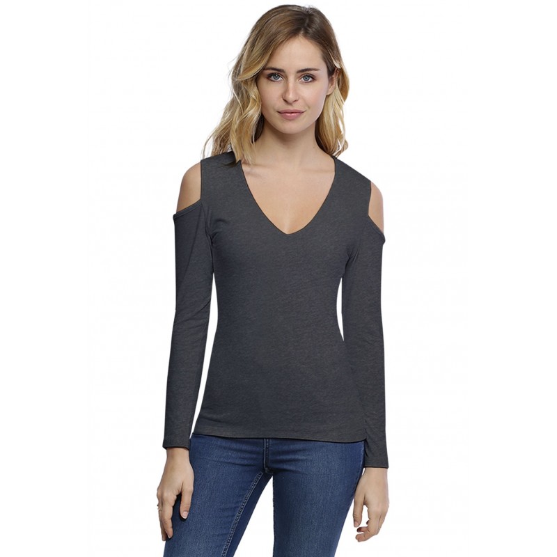 T-shirt col V épaules nues manches longues en modal ALBA05 T-shirt col V épaules nues manches longues en modal ALBA05