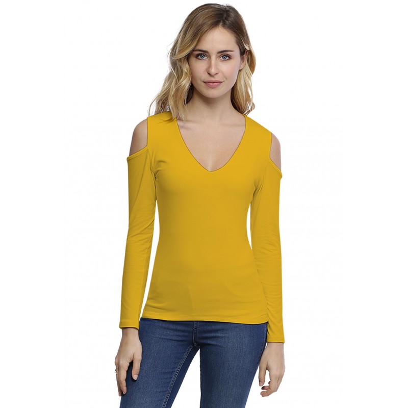 T-shirt col V épaules nues manches longues en modal ALBA05 T-shirt col V épaules nues manches longues en modal ALBA05