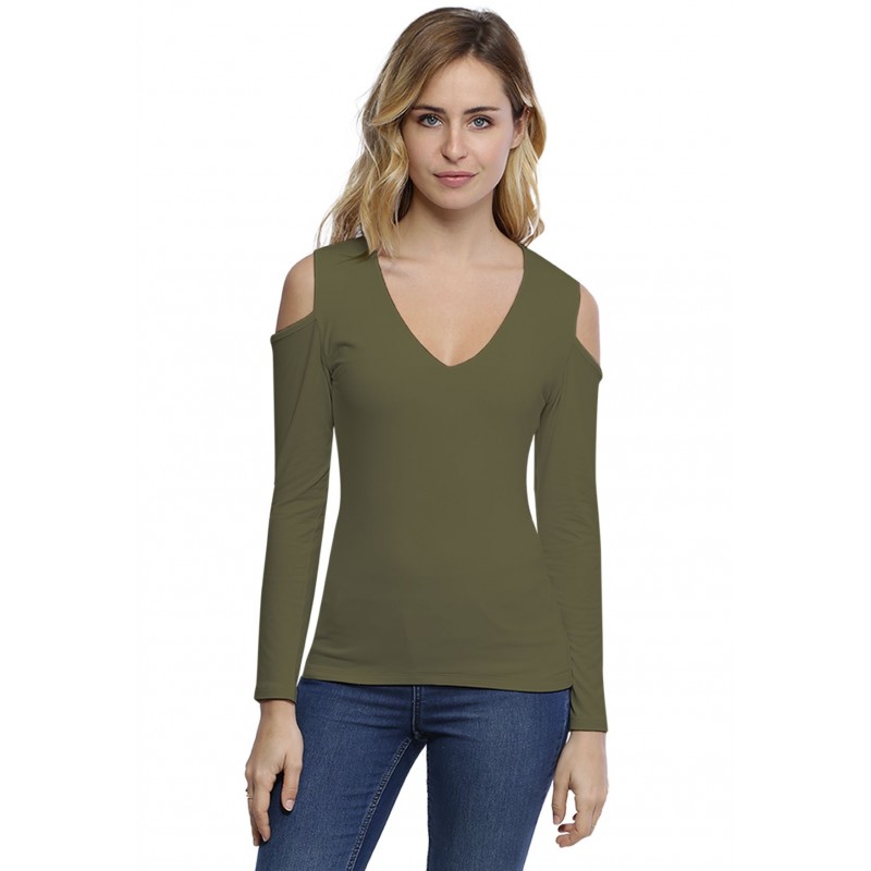 T-shirt col V épaules nues manches longues en modal ALBA05 T-shirt col V épaules nues manches longues en modal ALBA05