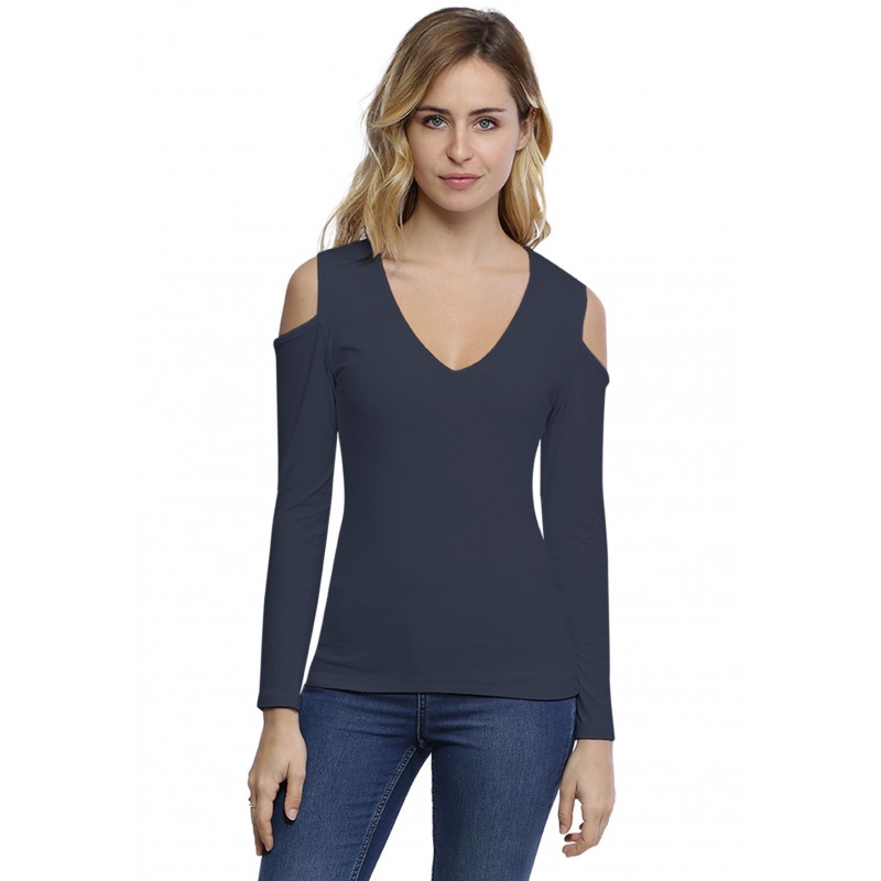 T-shirt col V épaules nues manches longues en modal ALBA05 T-shirt col V épaules nues manches longues en modal ALBA05