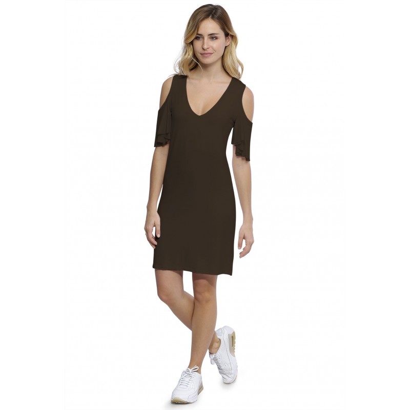 Robe col V manches courtes à volants en modal JOLIE