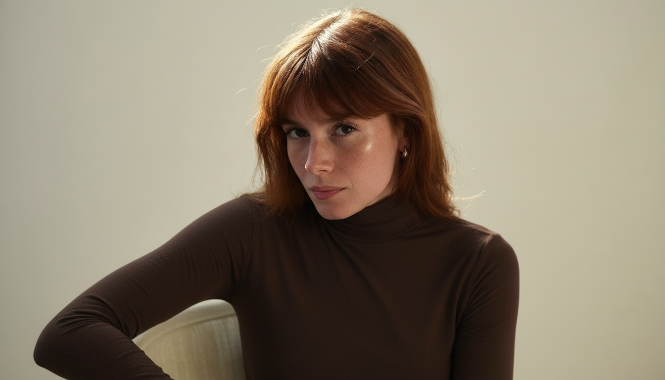 Portrait éditorial d’une personne portant le col roulé seconde peau Cindy en Viscose Ring couleur chocolat, assise dans une lumière naturelle douce.